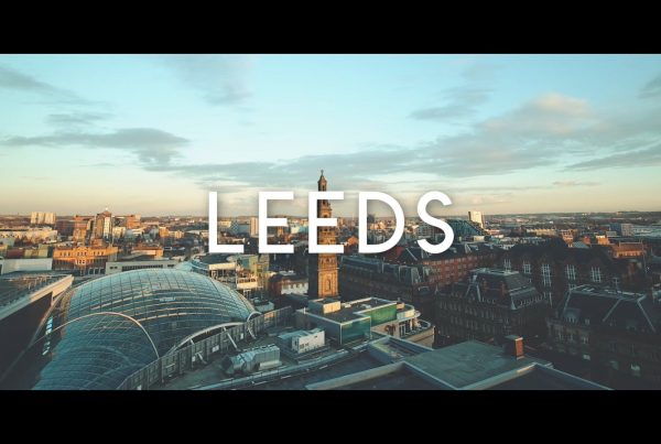 aerial shot of Leeds in the evening
