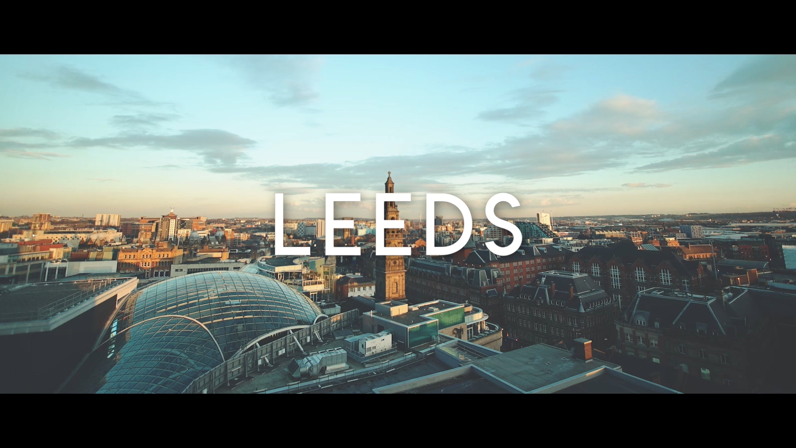 aerial shot of Leeds in the evening